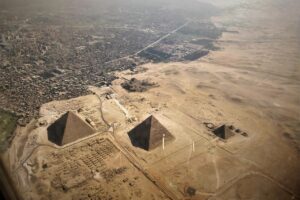Aerial view of The Great Pyramids on outskirts of Cairo